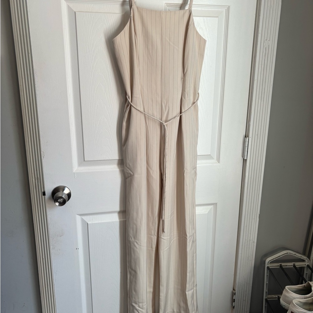 Monteau Cream Jumpsuit with Tie Waist and High Neckline